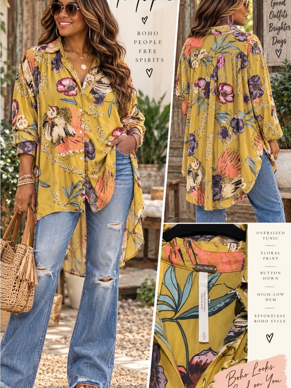 Free People Silky Nights Champs de Fleurs Floral Bird Oversized Tunic Top S